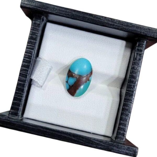 ​A 2.59 carat natural Egyptian turquoise (Feroza) oval cabochon with a vivid sky-blue body and a single, thick diagonal band of reddish-brown iron stone matrix.