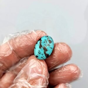 An 8.91 carat natural Egyptian turquoise (Feroza) oval cabochon featuring a brilliant sky-blue body with dark, irregular iron stone matrix patches, held in a gloved hand.