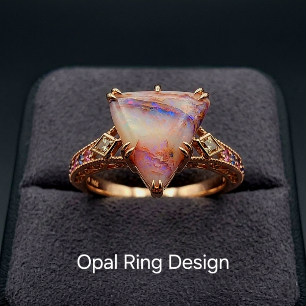 A 14.83-carat natural Australian White Opal with vibrant red, green, and yellow fire, showing unique natural dark and red surface inclusions, held in jeweler's tweezers.