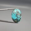 A 37.23-carat natural Iranian Turquoise (Feroza) from Kerman City, featuring a substantial oval cabochon cut with a vibrant sky-blue base and a heavy golden pyrite matrix, held in jeweler's tweezers.