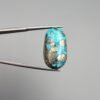 ​A 20.58-carat natural Iranian Turquoise (Feroza) from Kerman City, featuring an oval cabochon cut with a clear blue base and natural "golden" pyrite inclusions, held in jeweler's tweezers.