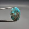 A massive 34.80-carat natural blue-green Turquoise (Feroza) from Kerman, Iran, featuring an oval cabochon cut with a distinct golden pyrite matrix, held in jeweler's tweezers.