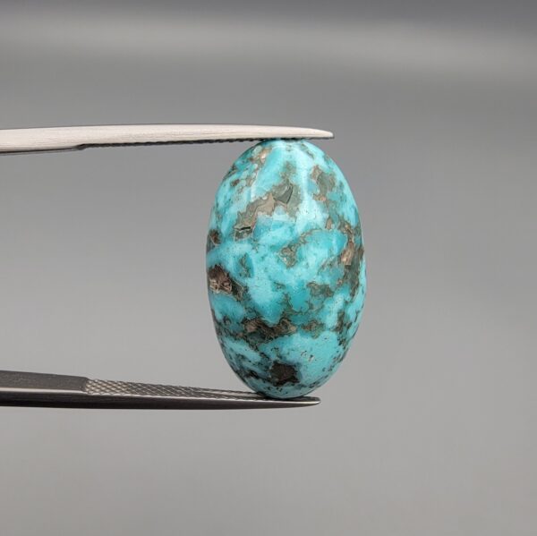 A 16.41-carat natural blue-green Turquoise (Feroza) from Kerman, Iran, featuring an oval cabochon cut with white quartz matrix and natural organic holes on both sides, held in jeweler's tweezers.