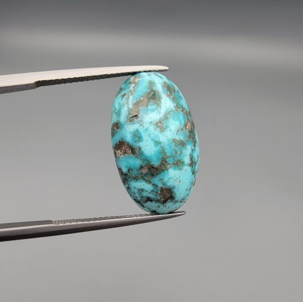 A 16.41-carat natural blue-green Turquoise (Feroza) from Kerman, Iran, featuring an oval cabochon cut with white quartz matrix and natural organic holes on both sides, held in jeweler's tweezers.