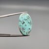 A 16.41-carat natural blue-green Turquoise (Feroza) from Kerman, Iran, featuring an oval cabochon cut with white quartz matrix and natural organic holes on both sides, held in jeweler's tweezers.