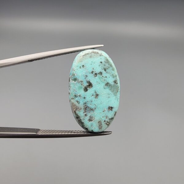 A 16.41-carat natural blue-green Turquoise (Feroza) from Kerman, Iran, featuring an oval cabochon cut with white quartz matrix and natural organic holes on both sides, held in jeweler's tweezers.
