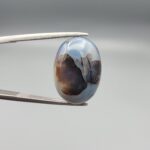 A 10.38-carat natural Iranian Dendritic Agate cabochon, showing a Shajari tree-like pattern on the front and a banded Sulemani Aqeeq pattern on the back.