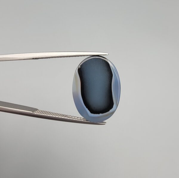 A 10.38-carat natural Iranian Dendritic Agate cabochon, showing a Shajari tree-like pattern on the front and a banded Sulemani Aqeeq pattern on the back.