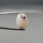 A 15.76-carat natural Iranian Milky Dendritic Agate (Shajari Dudhiya Aqeeq) cabochon, featuring a translucent white base with dark tree-like organic inclusions, held in jeweler's tweezers.