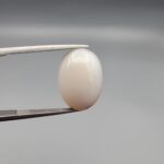 A 11.46-carat natural Iranian Milky Dendritic Agate (Shajari Dudhiya Aqeeq) cabochon with a translucent white body and dark, tree-like dendritic formations on the reverse side, held in jeweler's tweezers.