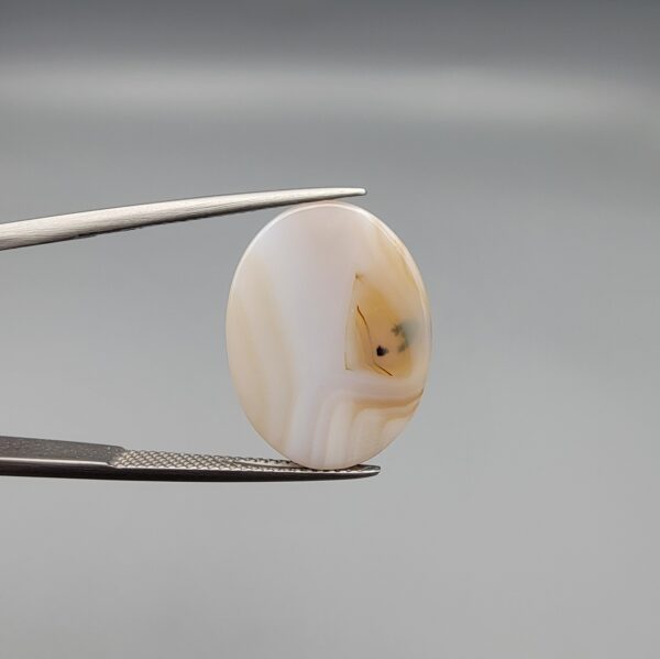 A 14.93-carat natural Iranian Milky Dendritic Agate (Shajari Dudhiya Aqeeq) cabochon with a translucent white body and dark, tree-like dendritic formations on the front surface.