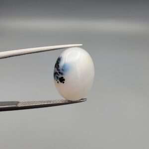 An 8.64-carat natural Iranian Milky Dendritic Agate (Shajari Dudhiya Aqeeq) cabochon with a glowing translucent white body and dark tree-like organic inclusions, held in jeweler's tweezers.