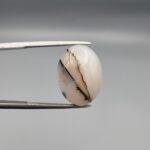 A 15.05-carat natural Iranian Milky Dendritic Agate (Shajari Dudhiya Aqeeq) cabochon showing a translucent white body with dark, tree-like black dendritic patterns and lines on both sides.