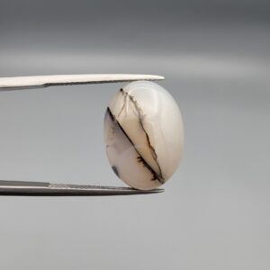 A 15.05-carat natural Iranian Milky Dendritic Agate (Shajari Dudhiya Aqeeq) cabochon showing a translucent white body with dark, tree-like black dendritic patterns and lines on both sides.