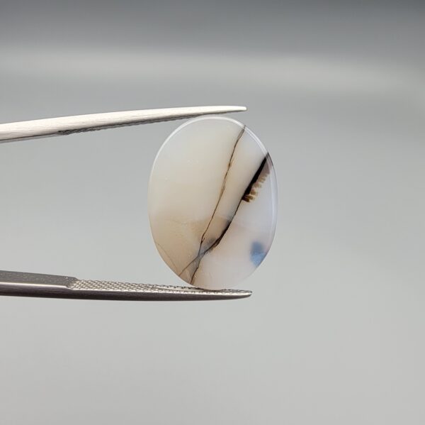 A 15.05-carat natural Iranian Milky Dendritic Agate (Shajari Dudhiya Aqeeq) cabochon showing a translucent white body with dark, tree-like black dendritic patterns and lines on both sides.