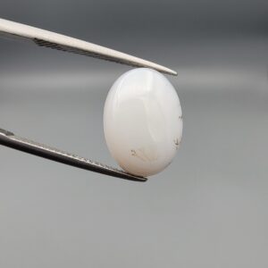 A premium 7.89-carat natural Iranian Milky Dendritic Agate (Shajari Dudhiya Aqeeq) with a high-translucency white body and sharp, tree-like dendritic patterns visible on both sides, held in jeweler's tweezers.