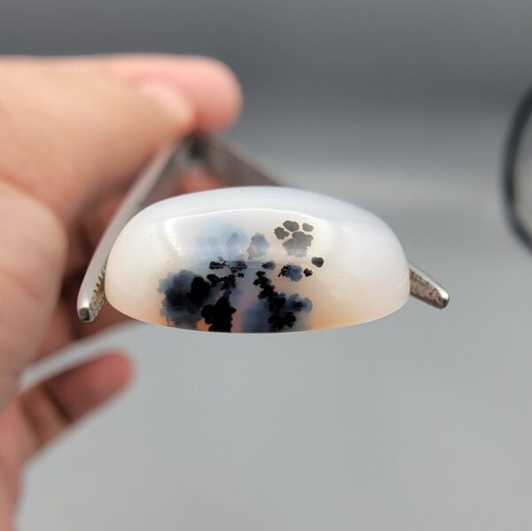 An 8.64-carat natural Iranian Milky Dendritic Agate (Shajari Dudhiya Aqeeq) cabochon with a glowing translucent white body and dark tree-like organic inclusions, held in jeweler's tweezers.