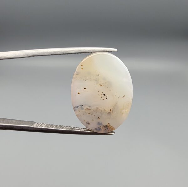 A 15.31-carat natural Milky Dendritic Agate (Shajari Aqeeq) from Iran, showcasing a smooth oval cabochon cut with sharp black and brown tree-like inclusions on both sides.