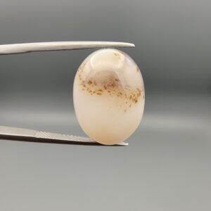 A 15-carat natural Milky Dendritic Agate (Shajari Aqeeq) from Iran, featuring a smooth oval cabochon cut with sharp black tree-like inclusions on a misty-white background.