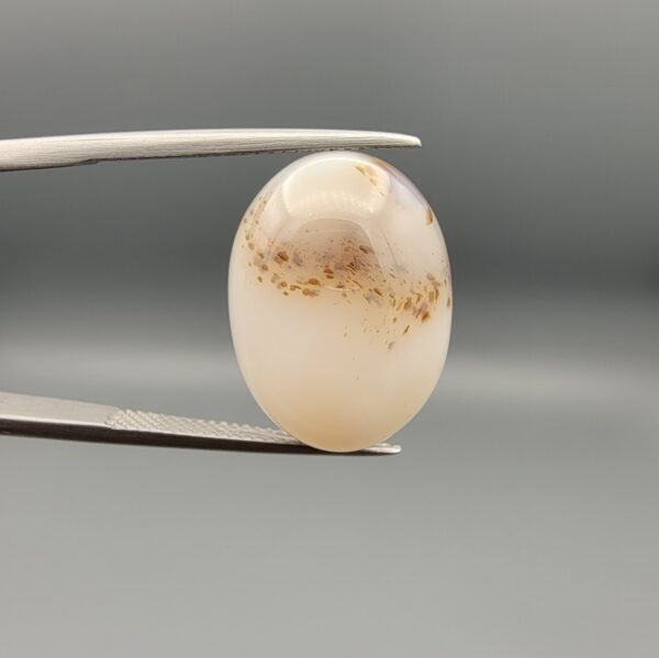 A 15-carat natural Milky Dendritic Agate (Shajari Aqeeq) from Iran, featuring a smooth oval cabochon cut with sharp black tree-like inclusions on a misty-white background.