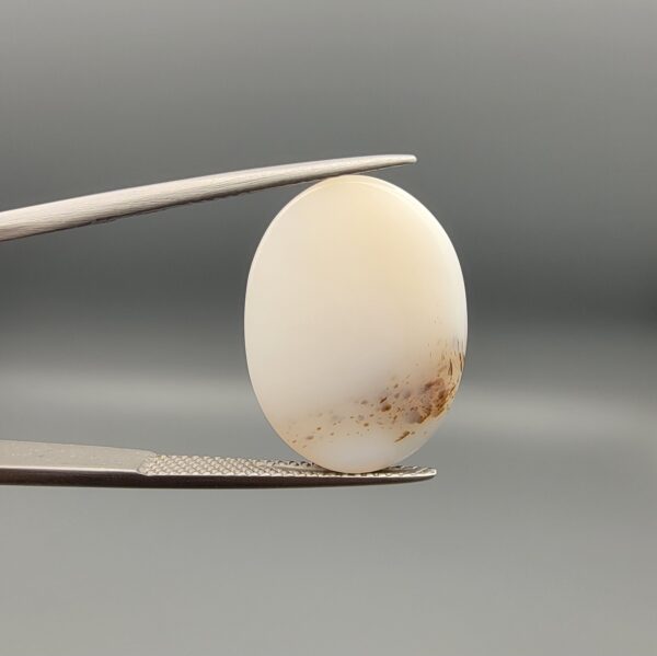 A 15-carat natural Milky Dendritic Agate (Shajari Aqeeq) from Iran, featuring a smooth oval cabochon cut with sharp black tree-like inclusions on a misty-white background.