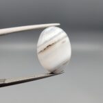 ​A 7.26-carat natural Milky Dendritic Agate (Shajari Aqeeq) from Iran, featuring a smooth oval cabochon cut with sharp black and brown layered tree-like inclusions on both sides.