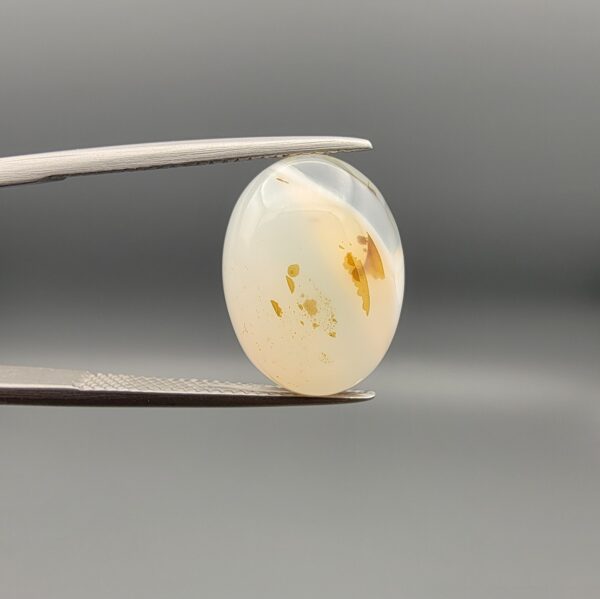 ​A 7.98-carat natural Milky Dendritic Agate (Shajari Aqeeq) from Iran, featuring a smooth oval cabochon cut with soft light-brown layered tree-like inclusions on both sides.