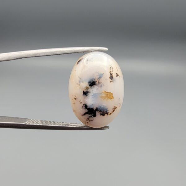 ​A 10-carat natural Milky Dendritic Agate (Shajari Aqeeq) from Iran, featuring an oval cabochon with sharp black and brown tree-like inclusions on the front and a clear, inclusion-free milky reverse side.
