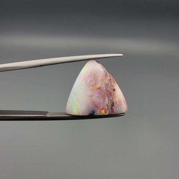 A 14.83-carat natural Australian White Opal with vibrant red, green, and yellow fire, showing unique natural dark and red surface inclusions, held in jeweler's tweezers.