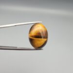 A premium 17.17-carat natural Golden Tiger's Eye oval cabochon with brilliant high-luster chatoyancy and deep chocolate-amber banding, held in jeweler's tweezers.