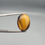 ​A 15.17-carat natural Golden Tiger's Eye oval cabochon with high-luster chatoyant bands and rich earthy brown tones, held in jeweler's tweezers.