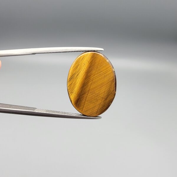 ​A 15.17-carat natural Golden Tiger's Eye oval cabochon with high-luster chatoyant bands and rich earthy brown tones, held in jeweler's tweezers.