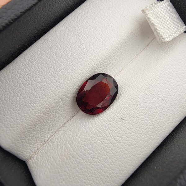 A 2.76-carat natural oval-cut Madagascar Garnet featuring a rich crimson red hue and high-luster facets, displayed in a black jeweler's box.