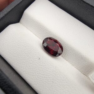 A 2.69-carat natural oval-cut Madagascar Garnet featuring a saturated deep red color and natural internal inclusions, displayed in a clear jeweler's case.