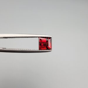 A 1.33-carat natural deep red Madagascar Garnet in a square princess or step cut, showcasing exceptional brilliance and "super sparkling" facets in a clear gemstone display.