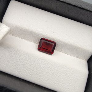 A 2.20-carat natural Madagascar Garnet featuring a deep crimson red color and a precise octagon faceted cut, displayed in a clear gemstone case.