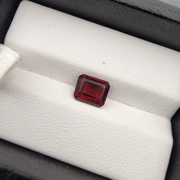 A 2.20-carat natural Madagascar Garnet featuring a deep crimson red color and a precise octagon faceted cut, displayed in a clear gemstone case.