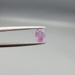 A 0.65-carat natural Ceylon purple sapphire featuring unique black mountain-desert inclusions and an oval faceted cut, displayed in a white jeweler's box.