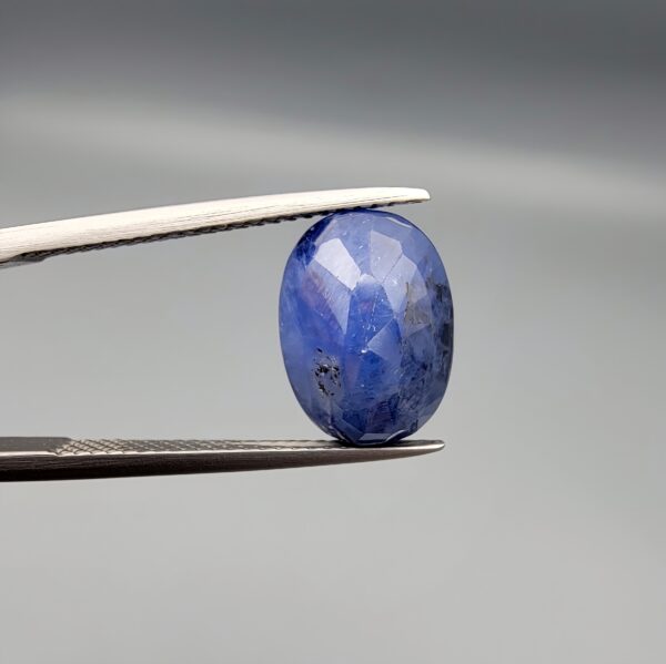​A massive 7.54-carat natural Ceylon blue sapphire with a deep royal blue color and oval faceted cut, shown in a professional jeweler's display box.
