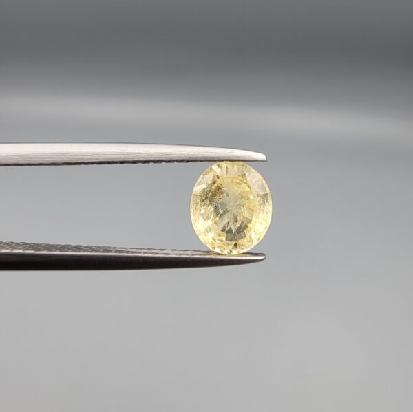 A rare 1.23-carat unheated natural yellow sapphire (Pukhraj) from Ceylon, Sri Lanka, featuring a masterfully faceted oval cut and bright lemon-yellow saturation, held in professional jeweler's tweezers.