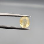 A rare 1.27-carat unheated natural yellow sapphire (Pukhraj) from Ceylon, Sri Lanka, featuring a masterfully faceted oval cut and bright lemon-yellow saturation, held in professional jeweler's tweezers.