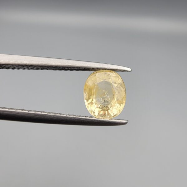 A rare 1.27-carat unheated natural yellow sapphire (Pukhraj) from Ceylon, Sri Lanka, featuring a masterfully faceted oval cut and bright lemon-yellow saturation, held in professional jeweler's tweezers.