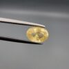 A rare 1.67-carat unheated natural yellow sapphire (Pukhraj) from Ceylon, Sri Lanka, featuring a masterfully faceted oval cut and bright lemon-yellow saturation, shown in professional jeweler's tweezers.