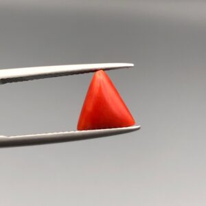 A 2.20-carat natural Italian red coral in a polished triangle cabochon shape, showcasing a smooth surface and rich orange-red tone in a jeweler's display.