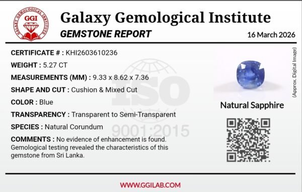 ​A 5.27 carat natural blue sapphire (Neelam) featuring a cushion and mixed cut with transparent to semi-transparent clarity, as shown in its GGI laboratory certificate.