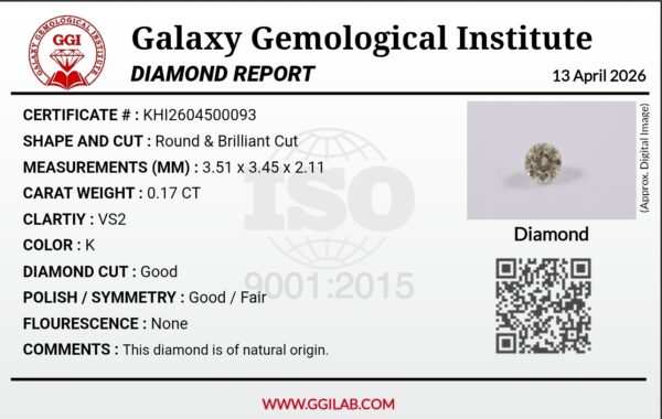 ​A 0.17-carat natural round brilliant-cut diamond with VS2 clarity and K color, professionally presented with its laboratory grading report.