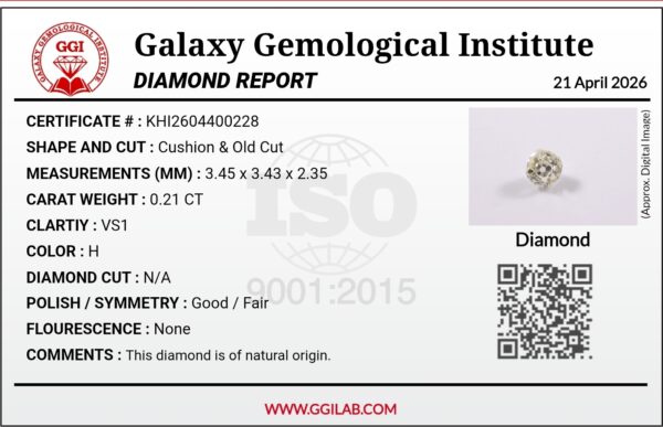 ​A 0.21-carat natural cushion old-cut diamond with VS1 clarity and H color, professionally displayed alongside its laboratory grading report.