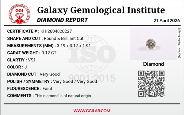 ​A 0.12-carat natural round brilliant-cut diamond featuring VS1 clarity and J color, professionally displayed on a jeweler's certification document.