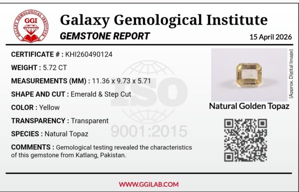 A 5.72-carat natural Golden Topaz from Katlang Valley featuring an emerald step cut and vibrant yellow transparency, accompanied by a GGI Laboratory Certificate.