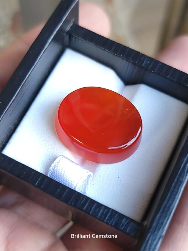 ​A large 23.32-carat Yemeni reddish carnelian agate (Aqeeq) with exceptional high clarity and a smooth cabochon polish, shown under natural lighting.